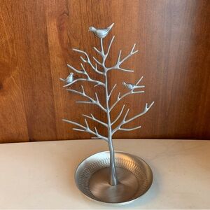 Silver Metal Jewelry Tree Stand With Birds and Trinket Dish Base